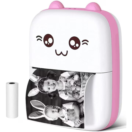 Mini imprimanta termica VarioShop®, Bluetooth, Compatibil iOS/Android, Imprimare APP, 1200 mAh, rola termica inclusa, model pisicuta cu urechiuse roze, 11 x 8 x 4 cm, Roz [1]