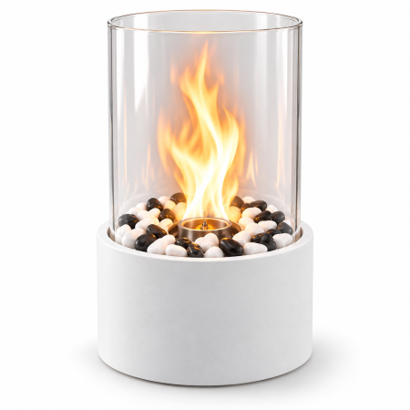 Accesorii sobe si seminee - Biosemineu de masa VarioShop® cu flacara reala, sticla securizata si pietre decorative albe si negre, functioneaza cu bioetanol, fara cos de fum, 28 × 14 cm, alb