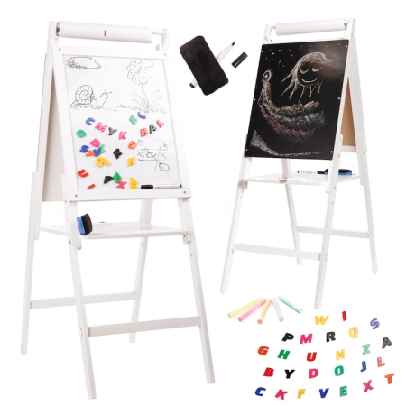 Tabla educativa magnetica fata-verso 2 in 1 VarioShop®, pentru copii, suport din lemn, cu litere magnetice si accesorii incluse, 43 x 32 x 115 cm