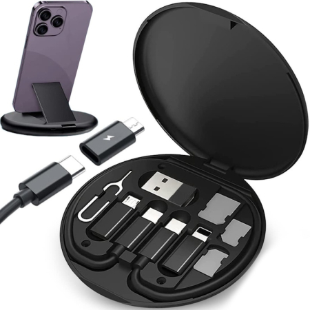 Laptop, Tablete & Telefoane - Adaptor USB la USB-C VarioShop®, 60 W, multiple adaptoare OTG, compatibile cu USB Type C/USB A/cablu USB /Micro USB/Lightning, echipat cu extractor SIM/slot SIM/suport pentru telefon, Negru