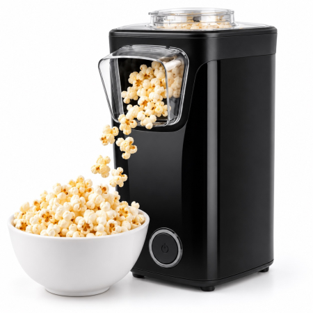 Aparat de popcorn VarioShop®, fara ulei, aer cald, 1100W, preparare in aproximativ 3 minute, capac transparent, cupa de masurare inclusa, 25.5x16x13.5 cm, negru