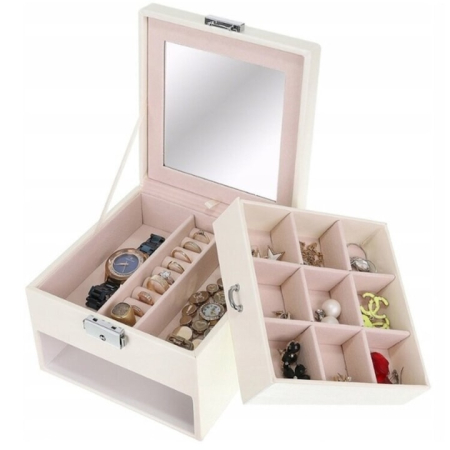 Frumusete & Ingrijire - Cutie de bijuterii VarioShop®, cu sertar si oglinda, piele ecologica, interior catifea, cheie, 12 compartimente, 16 x 16 x 11cm, Alb