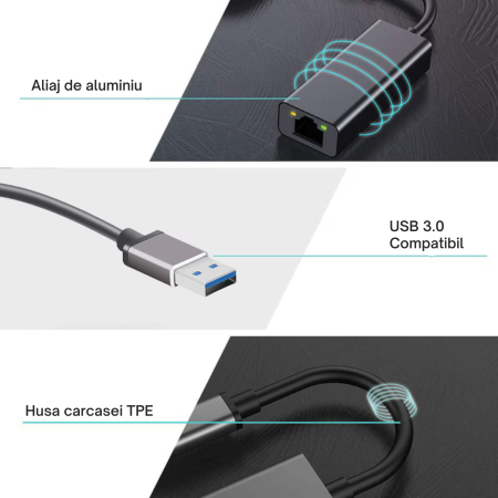 Accesorii hard disk-uri externe - Adaptor ethernet VarioShop®, USB 3.0 la RJ45, 100 Mbps, cu indicator de putere, instalare fara actionare, compatibila cu mai multe sisteme, aliaj de aluminiu, Gri