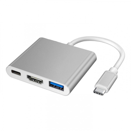 Conectivitate & Securitate - Adaptor Multiport 3 in 1 VarioShop®, USB-C, USB 3.1, HDMI 4K, Plug&Play, 10 Gbps, Hub pentru Laptop, MacBook, Chromebook, Tableta, Portabil, din Aluminiu, Cablu 13 cm, Gri