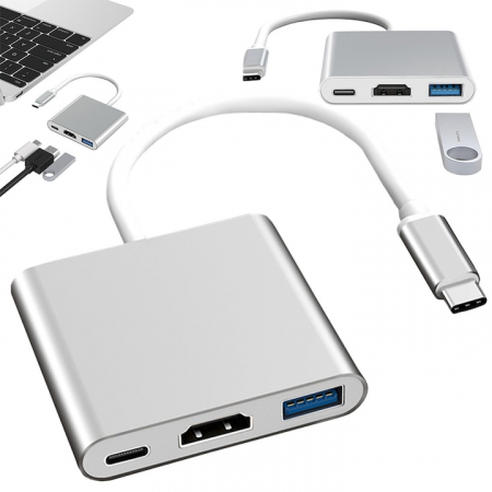 PC, Periferice & Software # - Adaptor Multiport 3 in 1 VarioShop®, USB-C, USB 3.1, HDMI 4K, Plug&Play, 10 Gbps, Hub pentru Laptop, MacBook, Chromebook, Tableta, Portabil, din Aluminiu, Cablu 13 cm, Gri