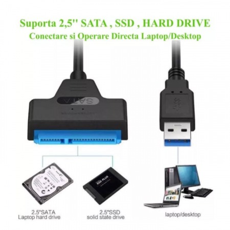 Adaptor USB 3.0 la SATA VarioShop®, Pentru HDD/SSD, Plug and play, Compatibil cu Window/MacBook/Linux, Port de alimentare independent, 32 cm, Negru [4]