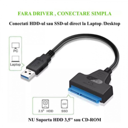 Adaptor USB 3.0 la SATA VarioShop®, Pentru HDD/SSD, Plug and play, Compatibil cu Window/MacBook/Linux, Port de alimentare independent, 32 cm, Negru [5]