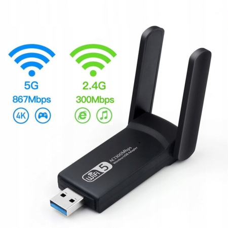 Accesorii hard disk-uri externe - Adaptor wireless VarioShop®, Dual-Band, WiFi Ethernet, Viteza de Transfer 1300Mbps, USB 3.0, Retea 2.4G si 5G, Raza lunga, 2 antene, Negru