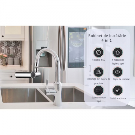 Aerator pentru robinet VarioShop®, 4 moduri de dispersie a apei, rotire 360 grade, filet extermior M22, brat rotativ, 13x12.5cm, Argintiu [9]