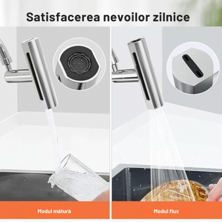 Aerator pentru robinet VarioShop®, 4 moduri de dispersie a apei, rotire 360 grade, filet extermior M22, brat rotativ, 13x12.5cm, Argintiu [11]