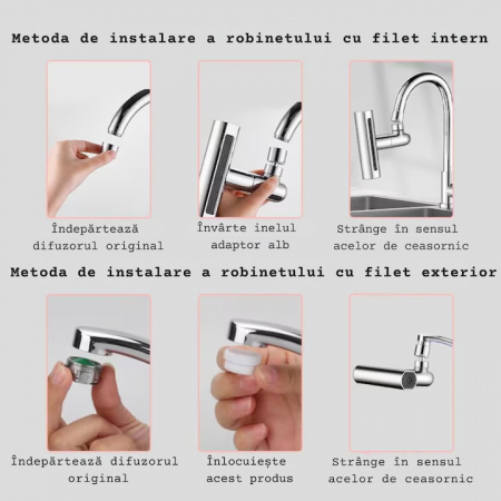 Aerator pentru robinet VarioShop®, 4 moduri de dispersie a apei, rotire 360 grade, filet extermior M22, brat rotativ, 13x12.5cm, Argintiu [10]