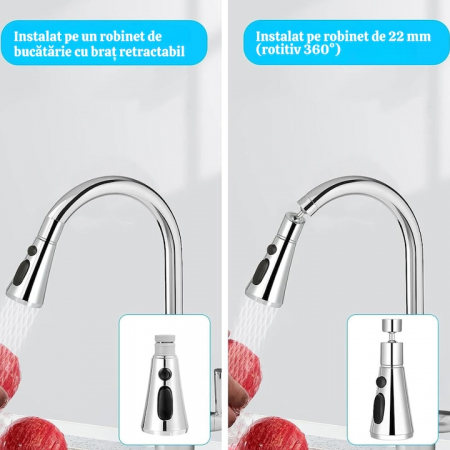 Aerator robinet pivotant VarioShop®, Universal, 3 Moduri de Pulverizare, Filet G1/2, Rotire 360°, Economisirea Apei, Flexibil, Instalare Usoara, Argintiu [2]