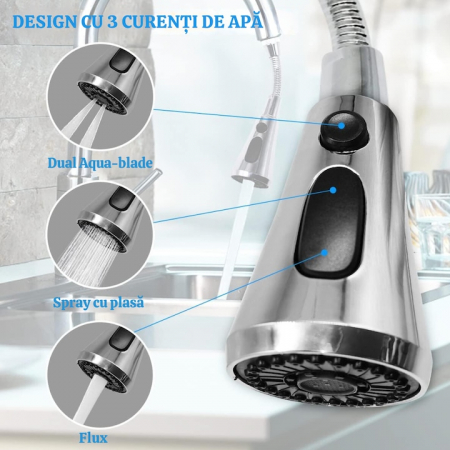 Aerator robinet pivotant VarioShop®, Universal, 3 Moduri de Pulverizare, Filet G1/2, Rotire 360°, Economisirea Apei, Flexibil, Instalare Usoara, Argintiu [4]