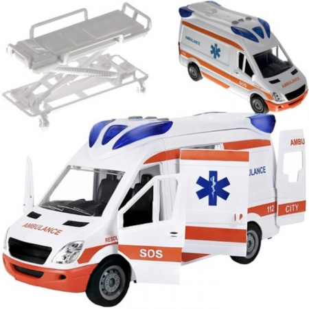 Masinute - Ambulanta Interactiva VarioShop®, cu Efecte Luminoase si Sonore, Usi Mobile, Targa Pliabila, Alimentare cu Baterii, Stimuleaza Imaginatia, 25 x 12 x 8 cm, Alb