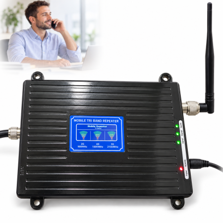Amplificator semnal GSM VarioShop®, pentru interior, cu antena exterioara LPDA 20 dBi, antena interioara 5 dBi, afisaj LCD, cablu 10 m, alimentator 12V, negru