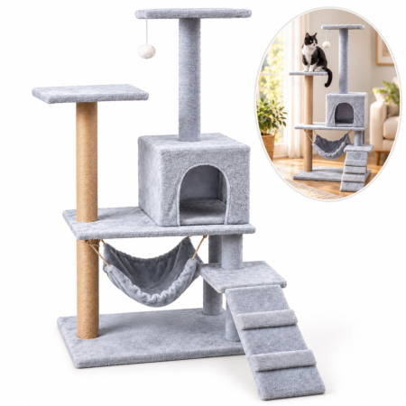 Petshop - Ansamblu de zgariat pentru pisici VarioShop®, turn cu 4 niveluri, casuta, pat, 2 platforme de observatie, trepte, stalpi cu sisal si jucarie, gri