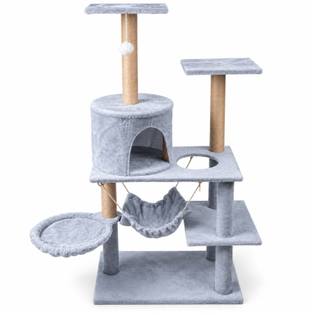 Petshop - Ansamblu de zgariat pentru pisici VarioShop®, turn cu 5 niveluri, casuta, 2 paturi, 3 platforme de observatie, stalpi cu sisal, jucarie, gri