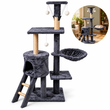 Petshop - Ansamblu de zgariat pentru pisici VarioShop®, turn cu 5 niveluri, casuta, pat, 3 platforme de observatie, scara, stalpi cu sisal, 3 jucarii, gri