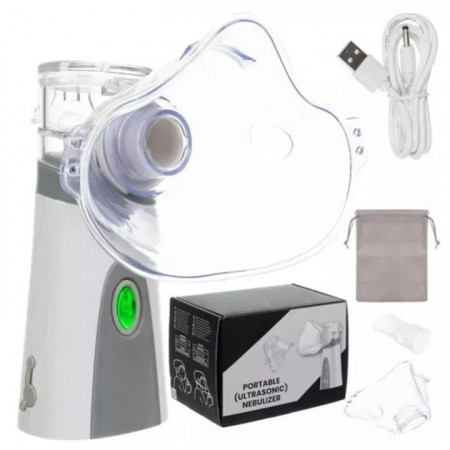 Aparate aerosoli copii - Aparat aerosoli tip nebulizator cu ultrasunete pentru copii si adulti VarioShop®, ultra silentios, 2 moduri alimenare, 2 masti, saculet depozitare, cablu USB alimentare, alb