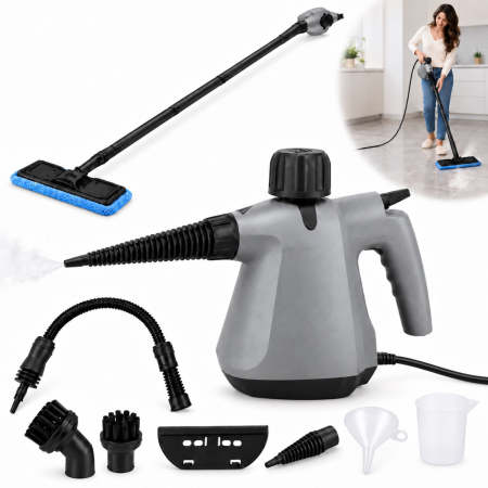 Maturi, mopuri si accesorii curatenie - Aparat de curatat cu abur multifunctional VarioShop®, cu 11 accesorii, portabil, curatare fara detergenti, 1500 W, presiune maxima 3 bari, rezervor 350 ml, gri-negru