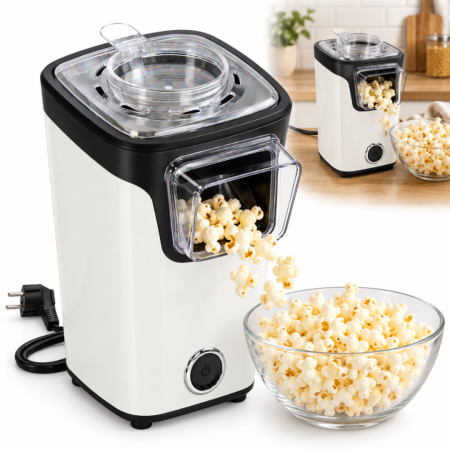 Electrocasnice mici bucatarie - Aparat de facut popcorn cu aer cald VarioShop®, 1100 W, fara ulei, capacitate 60 g boabe per ciclu, cupa de masurare 70 ml, capac, buton ON/OFF, compact, 13.5 x 16 x 26 cm, alb