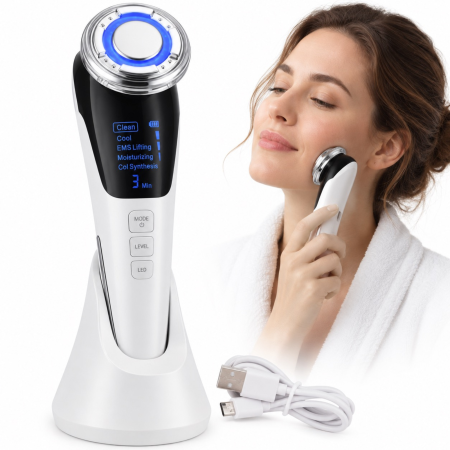 Aparate de masaj - Aparat de ingrijire faciala VarioShop®, 5 in 1, wireless, cu LED, functie cald/rece, vibratii, baterie 1000 mAh, alb/negru