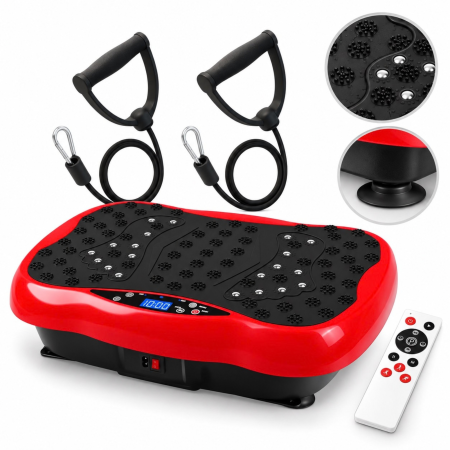 Aparate de masaj - Aparat de vibromasaj VarioShop®, platforma cu vibratii pentru fitness si masaj picioare, 120 niveluri de intensitate, telecomanda, benzi de rezistenta, 200W, 48 x 32 x 12 cm, rosu