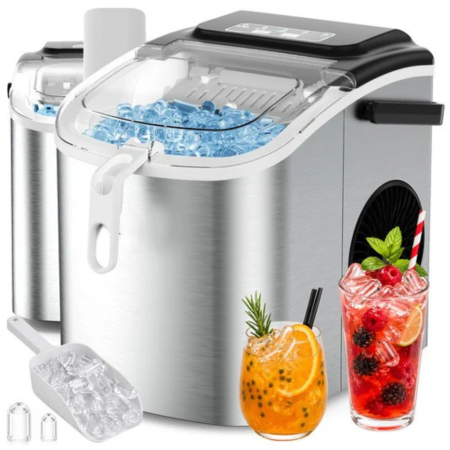 Congelatoare - Aparat gheata VarioShop® 1.2L, productie rapida 12kg/24h, 2 dimensiuni cuburi, rezervor apa, compresor silentios, pentru casa si petreceri, argintiu, 29 x 27.5 cm