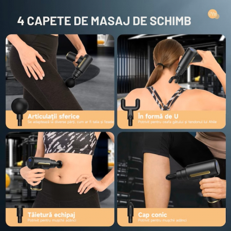 Aparat Pentru Masaj Profesional VarioShop, tip pistol, cu 4 capete interschimbabile, 6 trepte de viteza, ideal pentru gat, spate, brate, picioare, anti-celulita, relaxare si tonifiere musculara, bater [11]