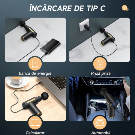 Aparat Pentru Masaj Profesional VarioShop, tip pistol, cu 4 capete interschimbabile, 6 trepte de viteza, ideal pentru gat, spate, brate, picioare, anti-celulita, relaxare si tonifiere musculara, bater [10]