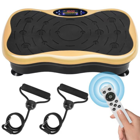 Fitness si nutritie - Aparat vibromasaj VarioShop®, pentru fitness acasa, 80 niveluri, 5 programe, Bluetooth, telecomanda, 200W, greutate maxima 150 kg, benzi incluse