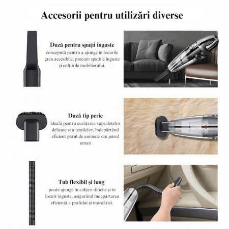 Aspirator de mana portabil cu acumultor VarioShop®, pentru uz caznic sau auto, incarcare USB, 32.000 rot/min, putere 120W, 5 duze ideale pentru spatii inguste, 34cm x 10cm x 5.5cm, Negru [13]