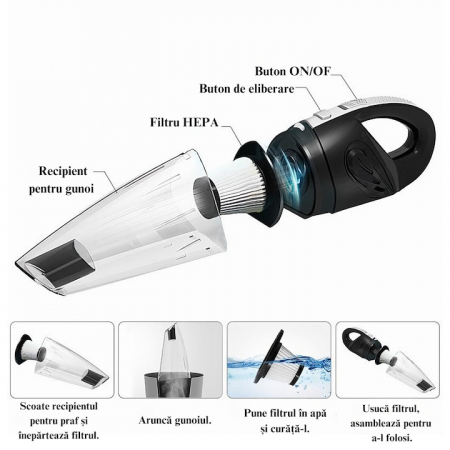 Aspirator de mana portabil cu acumultor VarioShop®, pentru uz caznic sau auto, incarcare USB, 32.000 rot/min, putere 120W, 5 duze ideale pentru spatii inguste, 34cm x 10cm x 5.5cm, Negru [10]