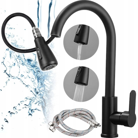 Casa & Bucatarie - Baterie de bucatarie VarioShop®, cu furtun retractabil 80 cm, 2 functii pulverizare, gura flexibila rotativa, inaltime 40 cm, instalare rapida, negru mat