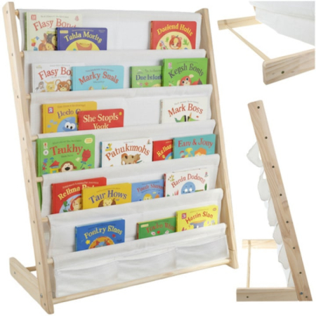 Mobilier camera copilului - Biblioteca pentru copii, VarioShop®, cu 6 rafturi din material textil, structura din lemn natural, stabila si sigura, 79×62.5×30 cm, organizator pentru carti, reviste si jucarii, design Montessori