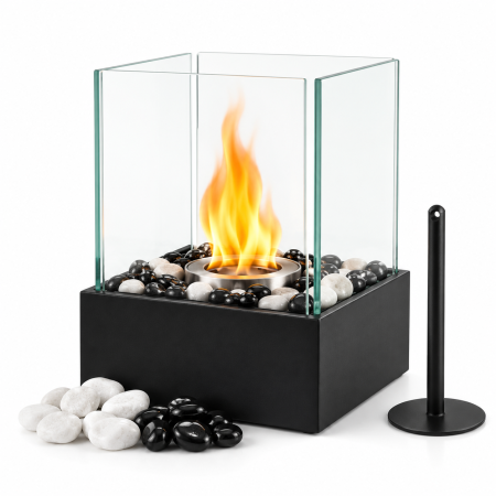 Accesorii sobe si seminee - Biosemineu de masa VarioShop® cu flacara reala, sticla borosilicata securizata, pietre decorative albe si negre, fara cos de fum, 29 × 24,5 × 20,5 cm, negru
