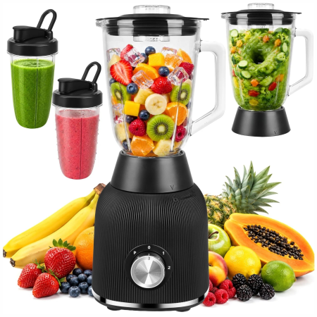 Electrocasnice mici bucatarie - Blender multifunctional VarioShop® cu rasnita, 1200 W, cana din sticla 2 L, 2 pahare portabile, zdrobire gheata, viteza reglabila, functie Pulse, design compact, negru
