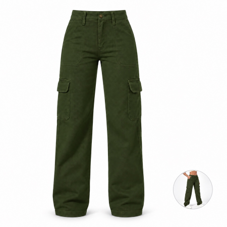 Imbracaminte femei - Blugi dama cargo VarioShop®, croiala dreapta, talie inalta, buzunare laterale cu clapeta, nasture si fermoar, verde militar, marimea XS