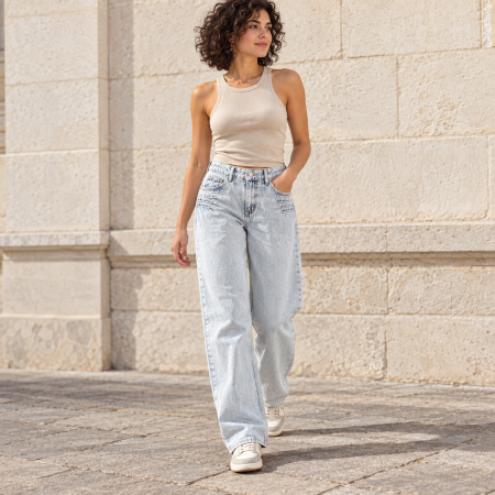 Fashion - Blugi dama VarioShop®, croiala larga, 100% bumbac, efect prespalat, pliuri decorative, 5 buzunare, nasture si fermoar, albastru deschis, marimea 38