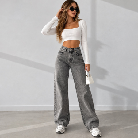 Fashion - Blugi dama VarioShop®, croiala larga si lejera, talie inalta, 100% bumbac, efect prespalat, buzunare fata si spate, nasture si fermoar, marimea 27, gri
