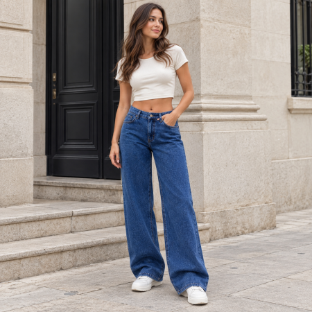 Fashion - Blugi dama VarioShop®, pentru tinute casual, croiala dreapta, regular fit, 5 buzunare, nasture si fermoar, denim 100% bumbac, albastru, marime 36