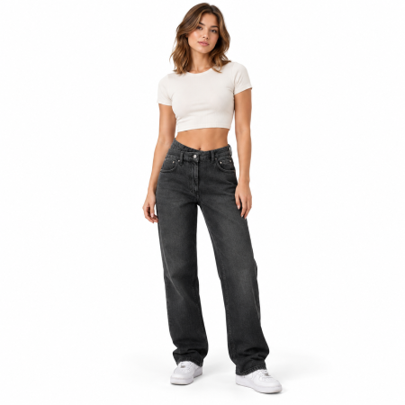 Fashion - Blugi dama VarioShop®, pentru tinute casual, croiala dreapta, talie inalta, betelie asimetrica, denim 100% bumbac, negru prespalat, marime 36