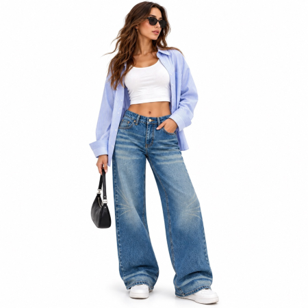 Imbracaminte femei - Blugi dama VarioShop®, pentru tinute casual, croiala dreapta, talie joasa, buzunare, denim 100% bumbac, efect prespalat, albastru, marime 34