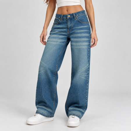 Fashion - Blugi dama VarioShop®, pentru tinute casual, croiala dreapta, talie joasa, buzunare, denim 100% bumbac, efect prespalat, albastru, marime 36