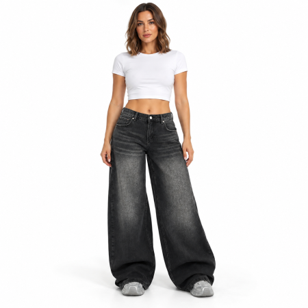 Fashion - Blugi dama VarioShop®, pentru tinute casual, picior larg, lungime extra lunga, buzunare, denim 100% bumbac, nasture si fermoar, negru prespalat, marime 40