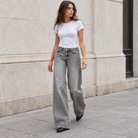 Fashion - Blugi dama VarioShop®, pentru tinute casual, talie joasa, croiala larga, 5 buzunare, nasture si fermoar, denim 100% bumbac, gri prespalat, marime 36