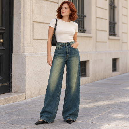 Imbracaminte femei - Blugi dama VarioShop®, talie inalta, croiala larga, 100% bumbac, efect prespalat, buzunare, nasture si fermoar, albastru cu tenta verzuie