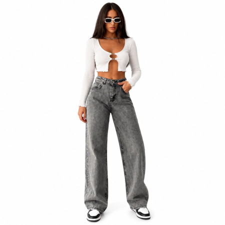 Fashion - Blugi dama VarioShop®, talie inalta, croiala larga si lejera, aspect decolorat, buzunare fata si spate, nasture si fermoar, gri prespalat, marimea 29