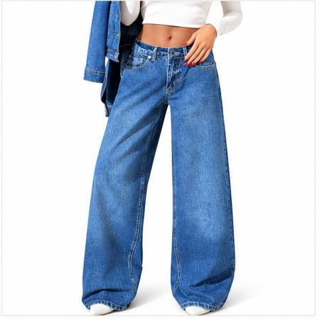 Fashion - Blugi dama VarioShop®, talie joasa, croiala larga si lejera, denim 100% bumbac, albastru prespalat, marimea 36