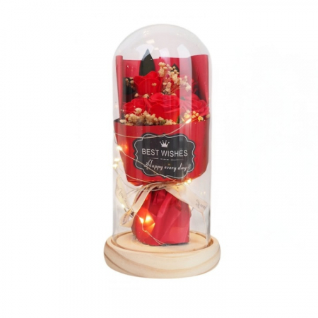 Aranjamente florale - Buchet de trandafiri in cupola de sticla VarioShop®, iluminare LED, cutie de cadou, funda, ideal pentru evenimente speciale, dimensiuni 21 x 10.5 cm